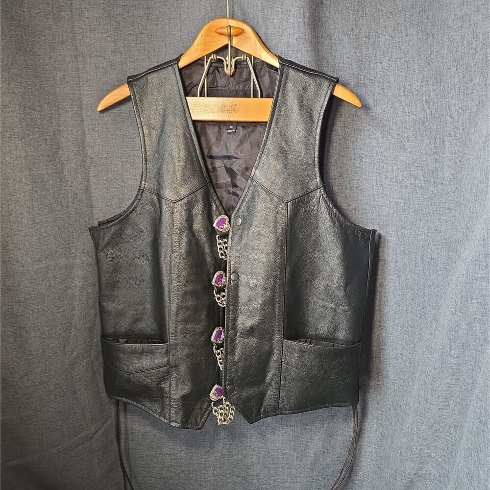 Black Size M Genuine Leather Vest Chains Silver & Purple Hearts & Roses Biker